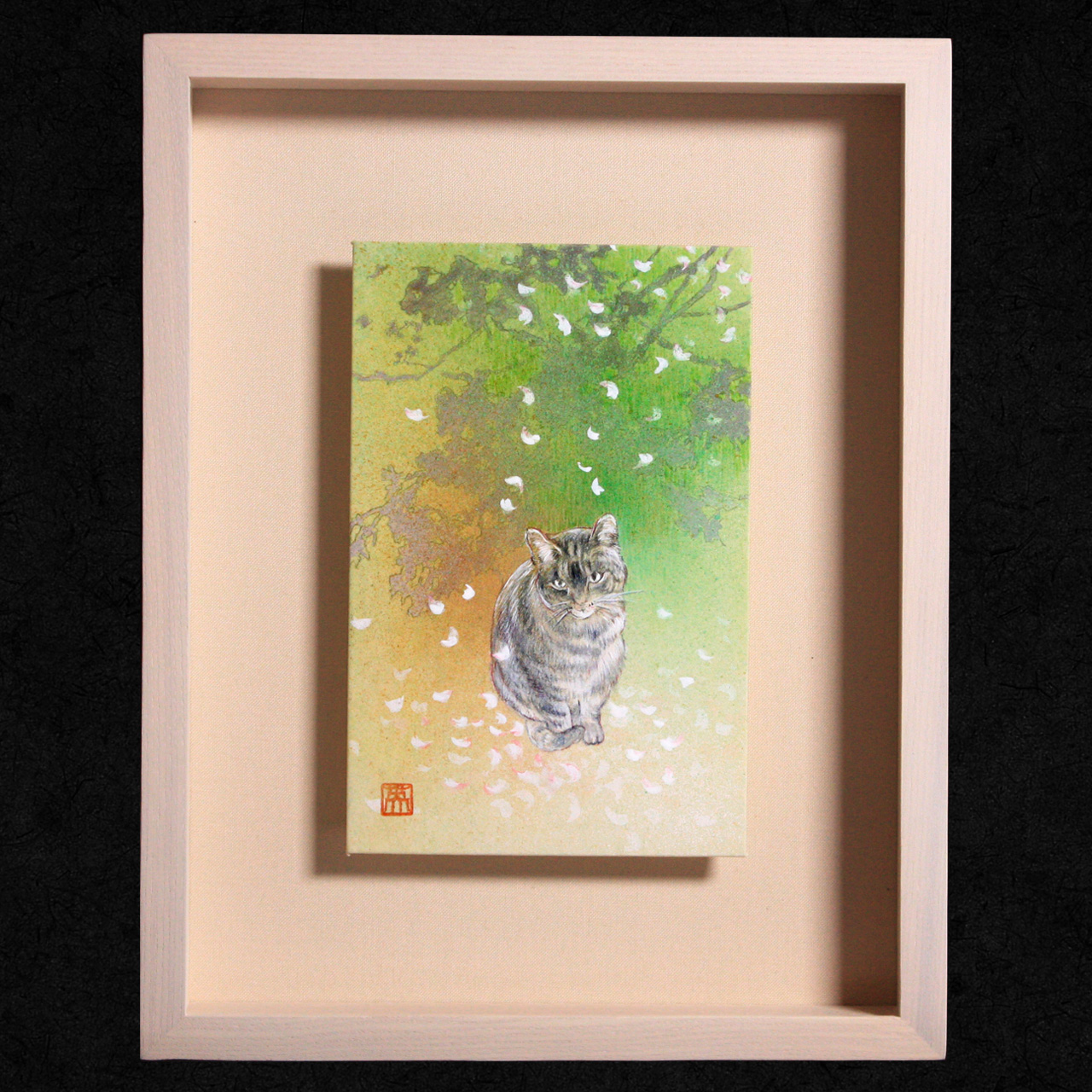 横尾英子画：猫と桜：花時雨